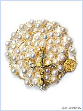 Natural Pearl Rosary Beads Catholic Chaplet Gold Plated Cross Necklace